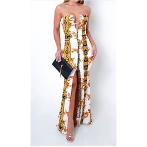 Gold Print Strapless Maxi Dress